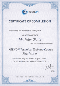 Keenon Technical Training Course Step I Laser Certificate of Completion Peter Glatte